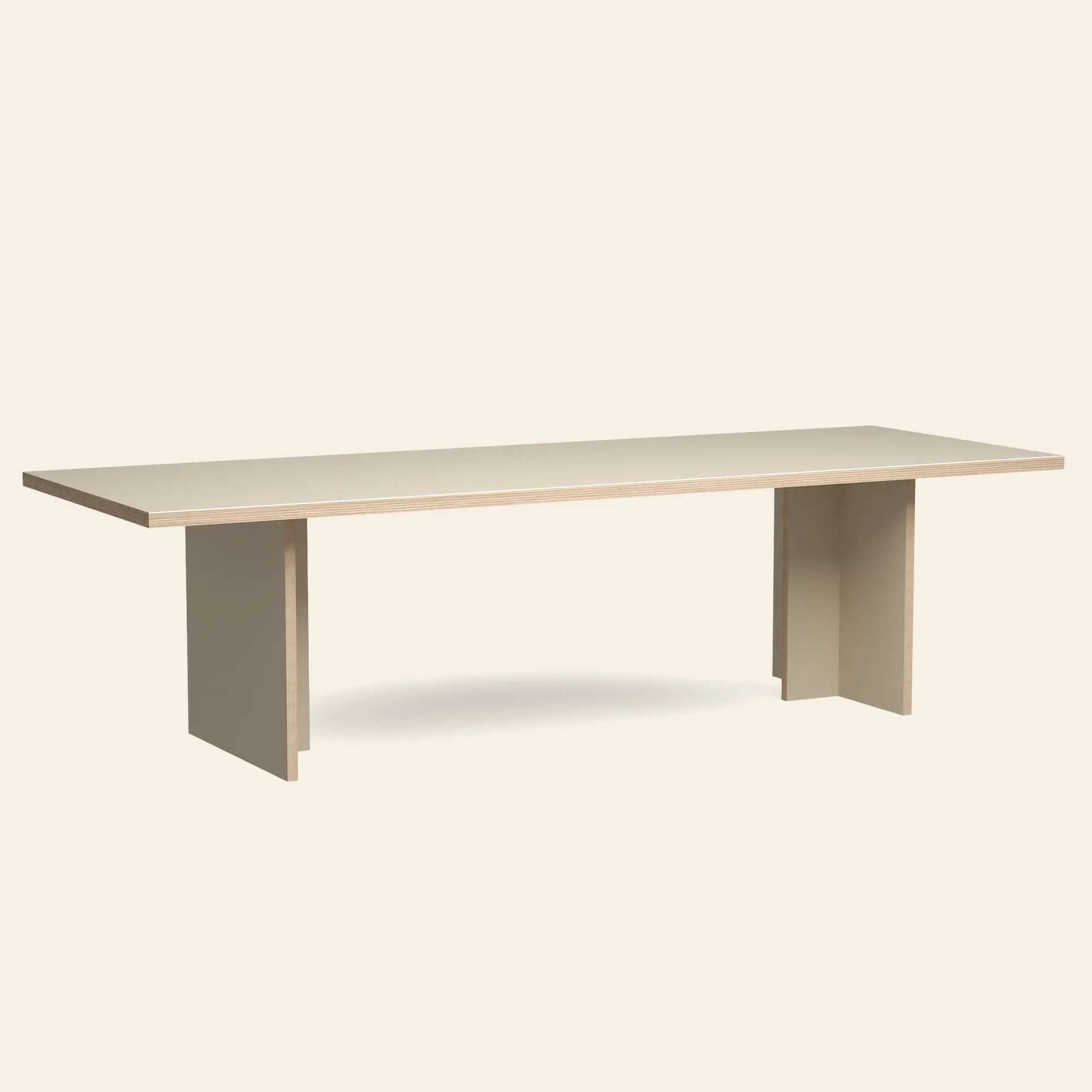 The HKLIVING Dining Table, Rectangular, 280cm features a timeless minimalist design with a beige flat top and two wide panel legs, set against a plain light background.