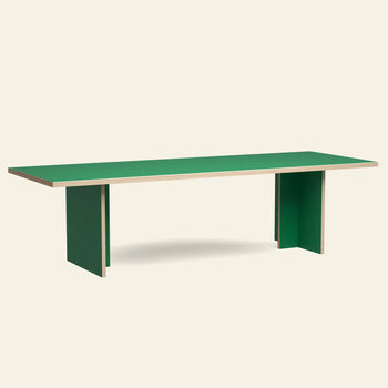The HKLIVING Dining Table, Rectangular, 280cm features a green top with matching slab legs and light wood edges—an elegant piece from HKLIVING displayed against an off-white background.