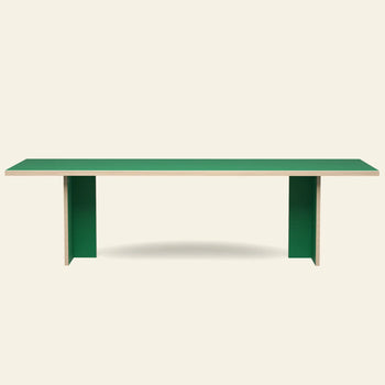 The HKLIVING Dining Table, Rectangular, 280cm features a minimalist green top and two wide green legs in a timeless design, set against an off-white background.