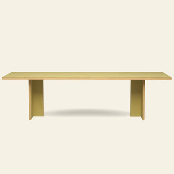 The HKLIVING Dining Table, Rectangular, 280cm by HKLIVING features a minimalist light yellow surface and two wide legs, reflecting timeless design against an off-white background.