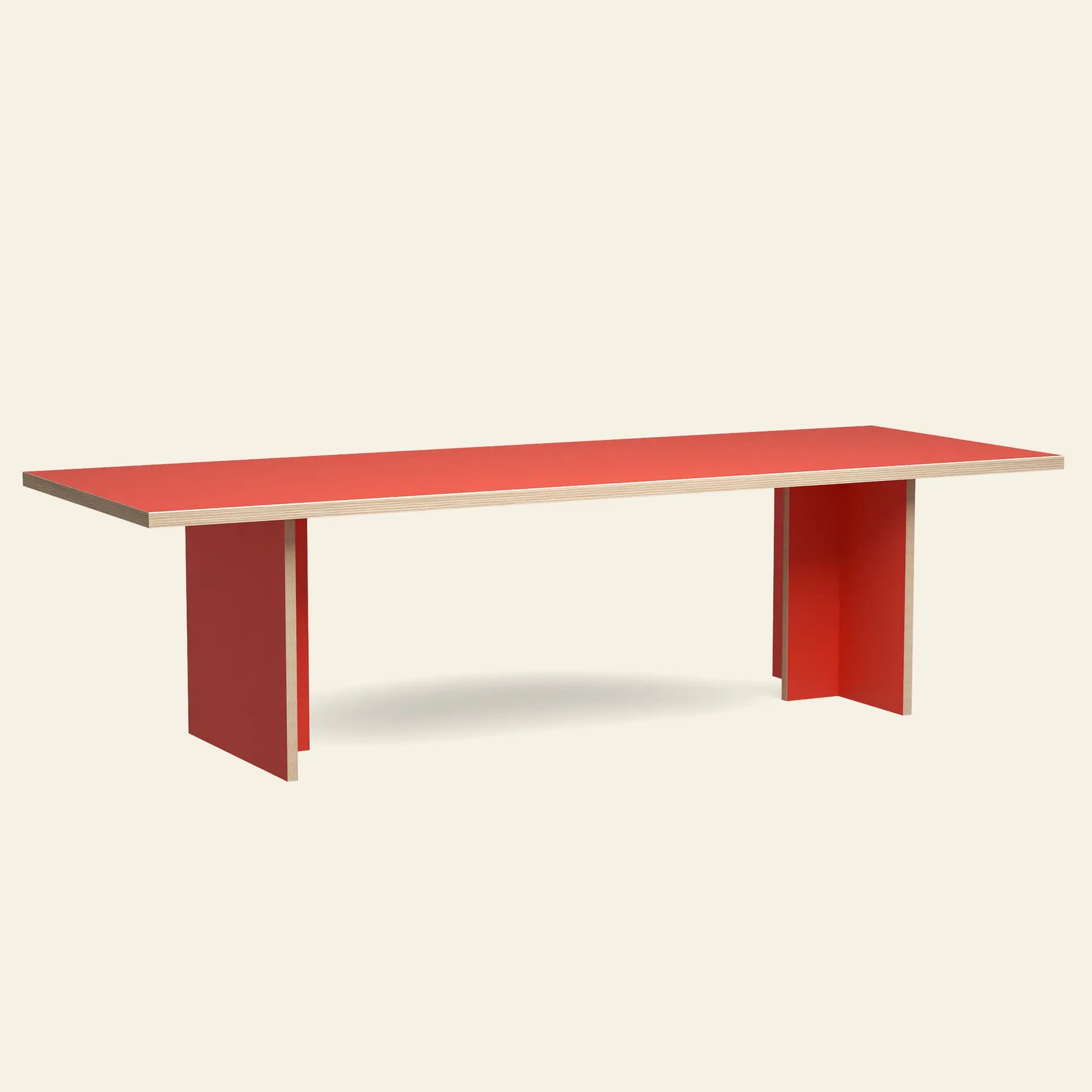 The HKLIVING Dining Table, Rectangular, 280cm, features a modern red top with red panel legs and light wood edges. Its clean lines and timeless design make it a standout piece for any space.
