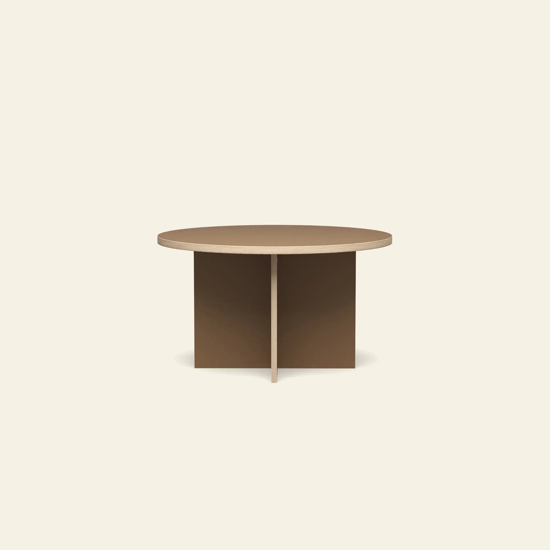 The HKLIVING Dining Table, Round, 130cm by HKLIVING features a thick circular top with intersecting flat panel legs, set against a light beige background—perfect for modern interiors.