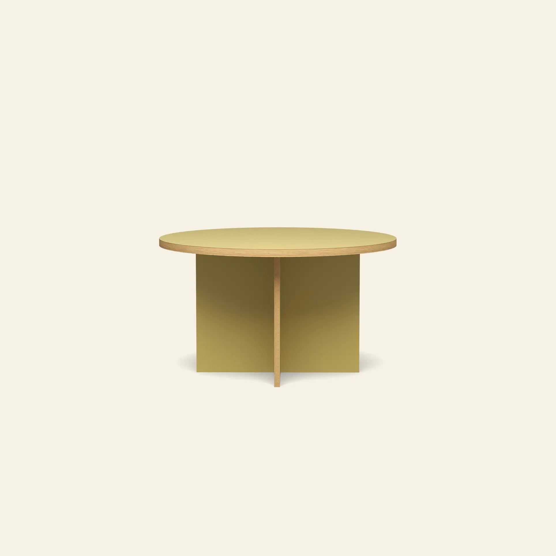 The HKLIVING Dining Table, Round, 130cm, features a modern design with a flat wooden top and intersecting flat panel base, shown against a plain off-white background.