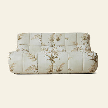 The HKLIVING Lazy Lounge Bench is a modern, beige, armless daybed featuring tufted upholstery and a subtle brown botanical pattern—perfect for lounge seating. Set against a plain light background. Brand: HKLIVING.