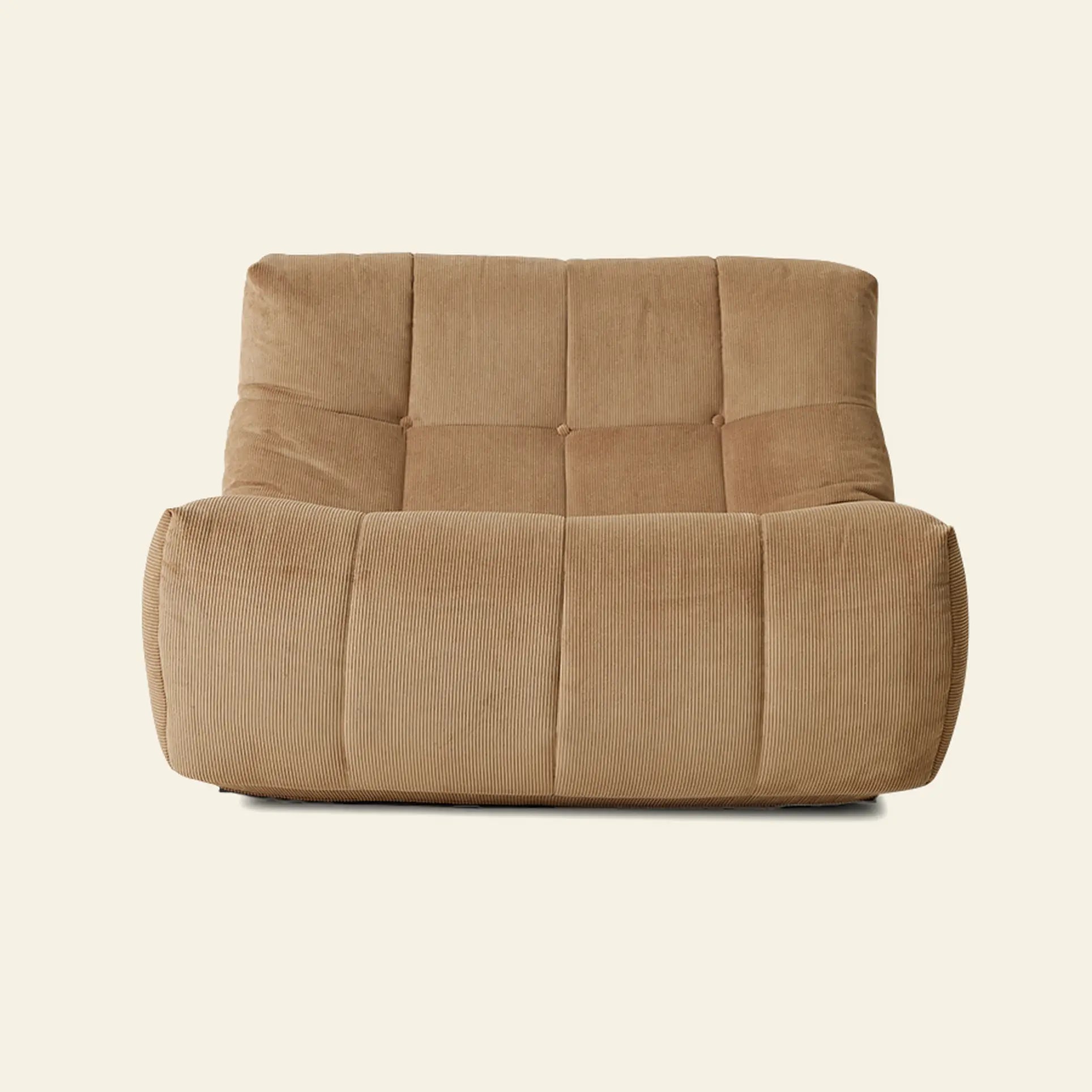 The HKLIVING Lazy Lounge Chair Corduroy is a tan retro chair with a low, wide seat and grid-tufted backrest, shown from the front against a plain light background.