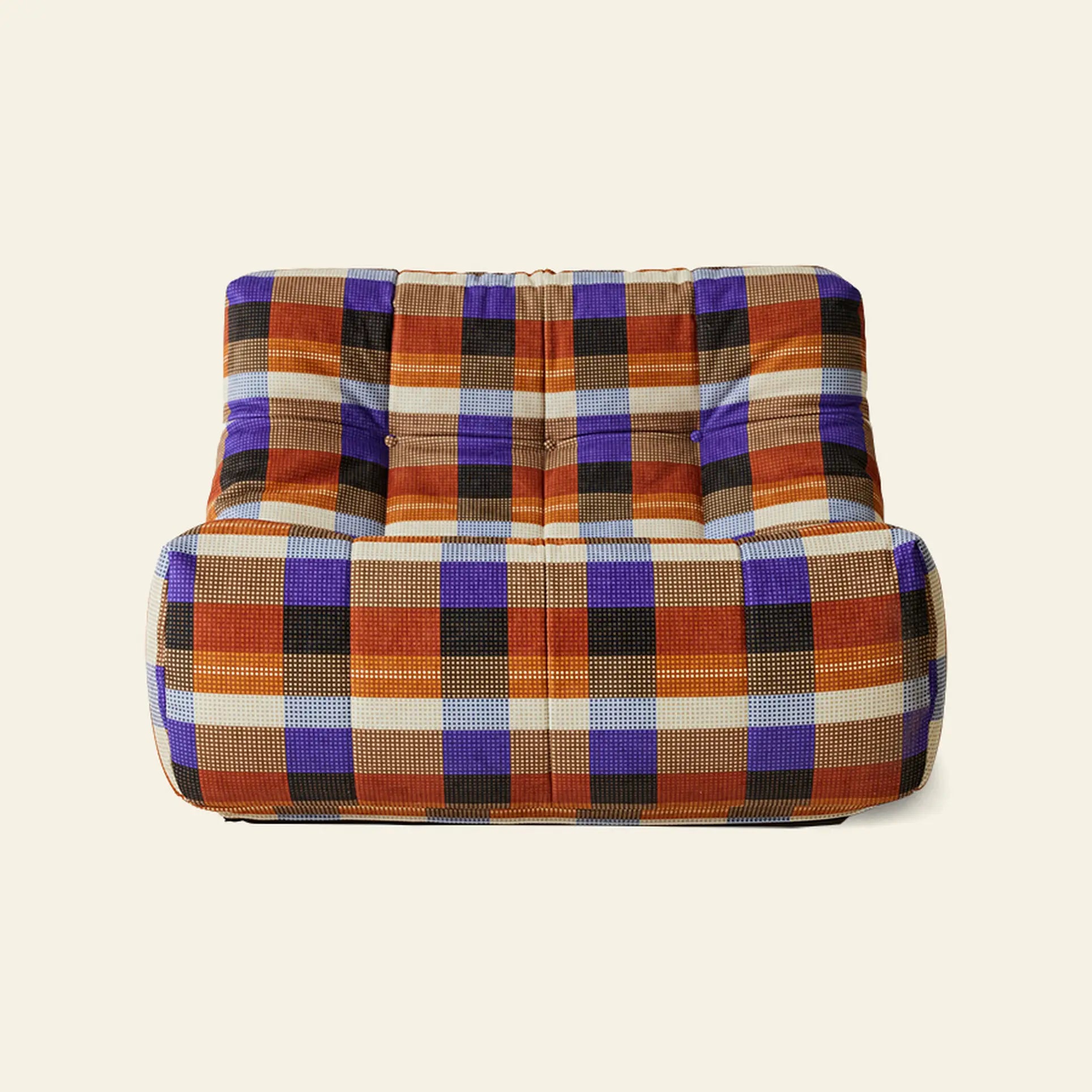 The HKLIVING Lazy Lounge Chair by HKLIVING features bold, colorful plaid upholstery in orange, purple, black, and beige squares—adding playful prints to any space with its modern armless design and off-white background.