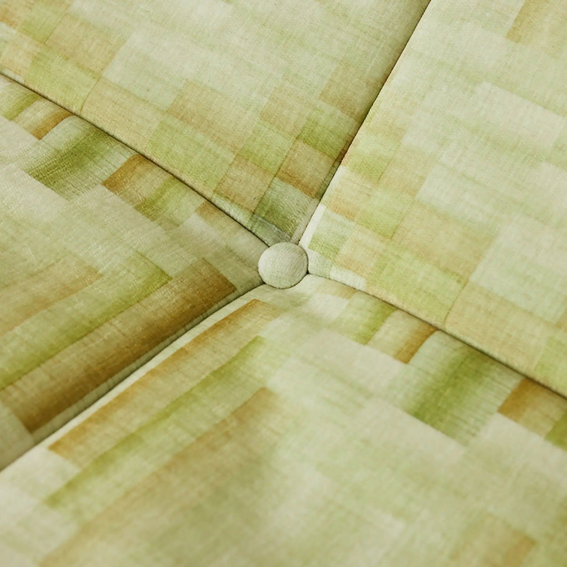 Close-up of the HKLIVING Lazy Lounge Chair’s padded cushion, showcasing a light green and beige geometric pattern with playful prints, a central button, and cross-shaped stitched seams by HKLIVING.