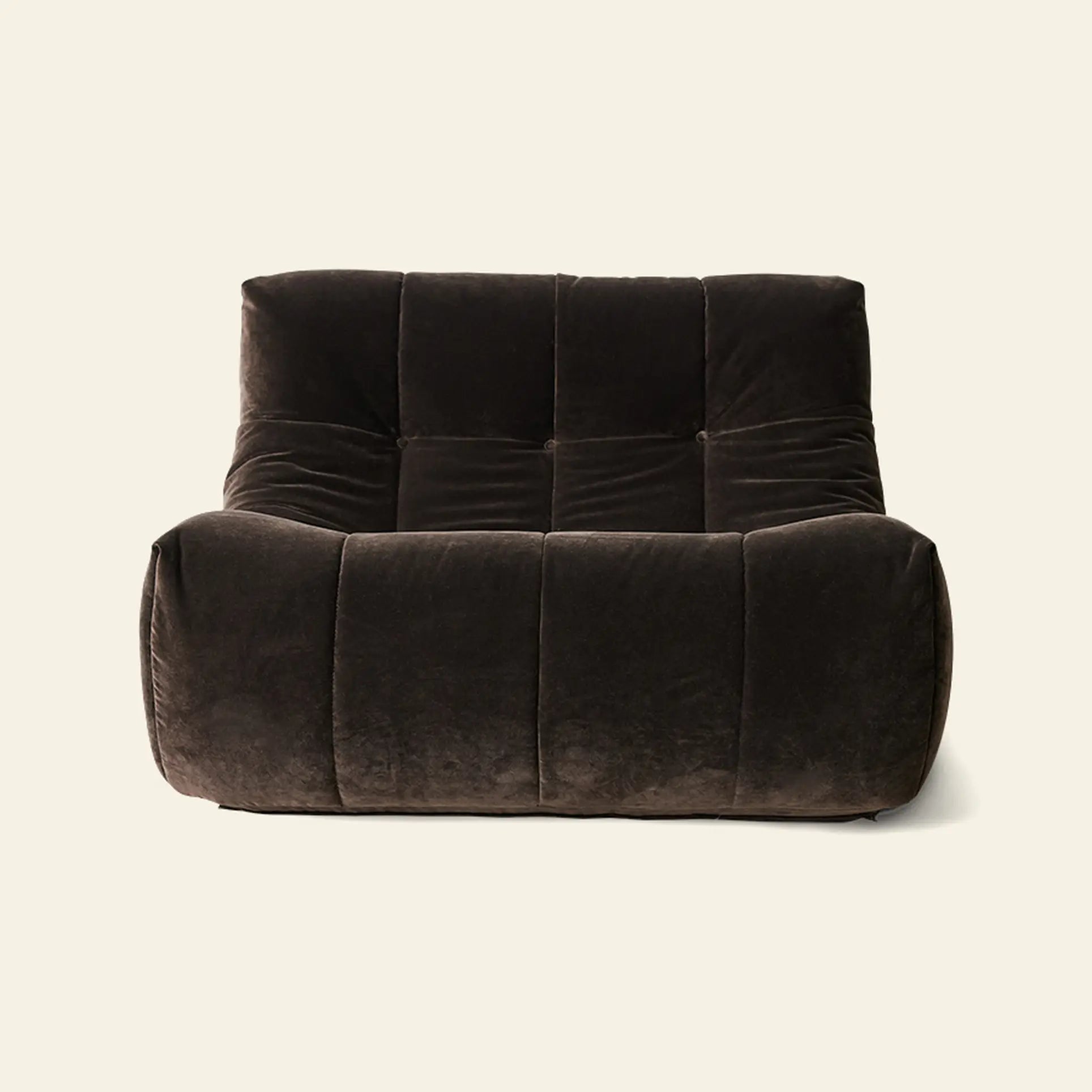 Front view of the HKLIVING Lazy Lounge Chair by HKLIVING, an armless, dark brown velvet chair with a low, plush design—ideal for adding comfort and style to any space. Shown against a plain off-white background.