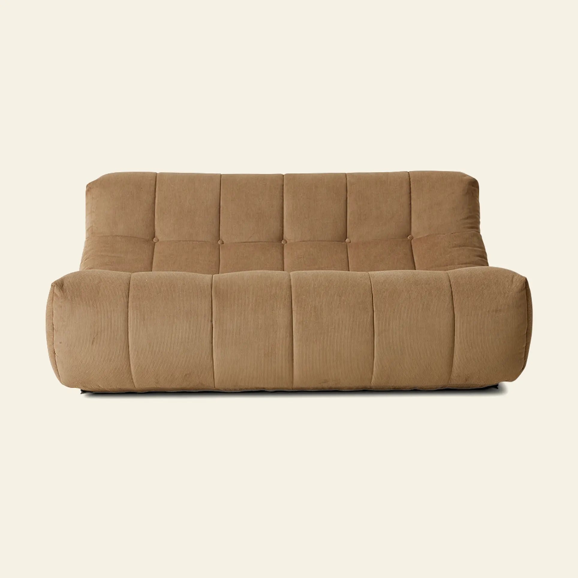 The HKLIVING Lounge Bench Corduroy by HKLIVING features a modern, low-profile design in brown corduroy with wide seat cushions, a tufted backrest, and soft rounded edges, shown against a plain off-white background.