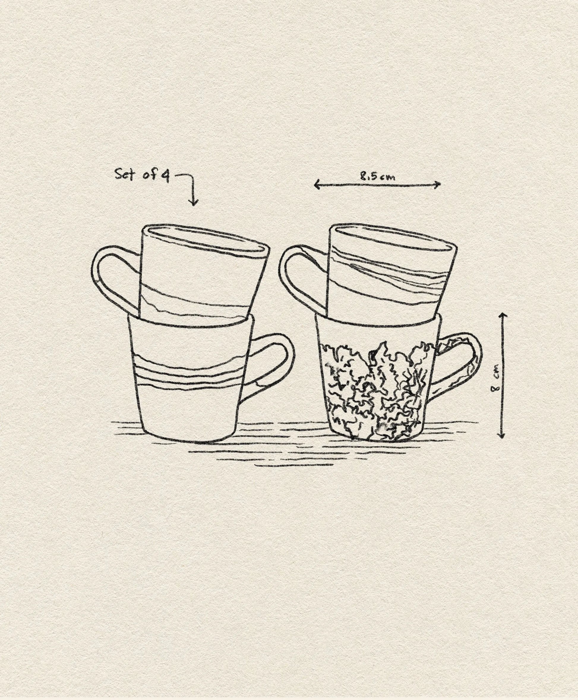 Line drawing of HKLIVING 70s Ceramics: Americano Mugs, Set of 4, with patterned mugs stacked. Arrows show dimensions: 8.5 cm wide, 8 cm tall. Background features textured beige paper reminiscent of vintage ceramics.