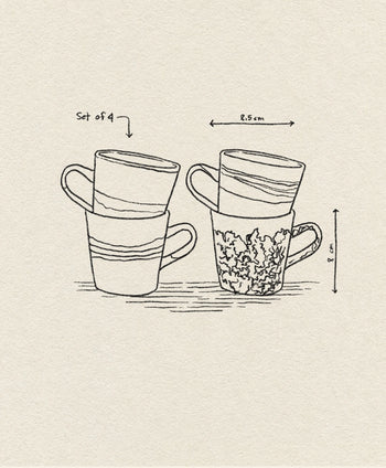 Line drawing of HKLIVING 70s Ceramics: Americano Mugs, Set of 4, with patterned mugs stacked. Arrows show dimensions: 8.5 cm wide, 8 cm tall. Background features textured beige paper reminiscent of vintage ceramics.