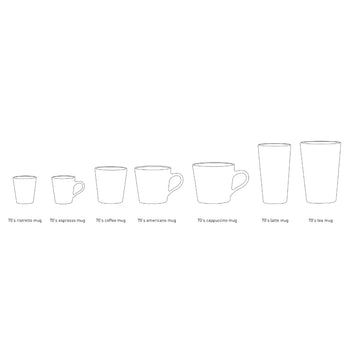 Line drawing of six HKLIVING 70s Ceramics stoneware mugs and cups, including the 70s Ceramics: Americano Mugs (Set of 4)—showcasing classic HKLIVING style and hand-glazed elegance.
