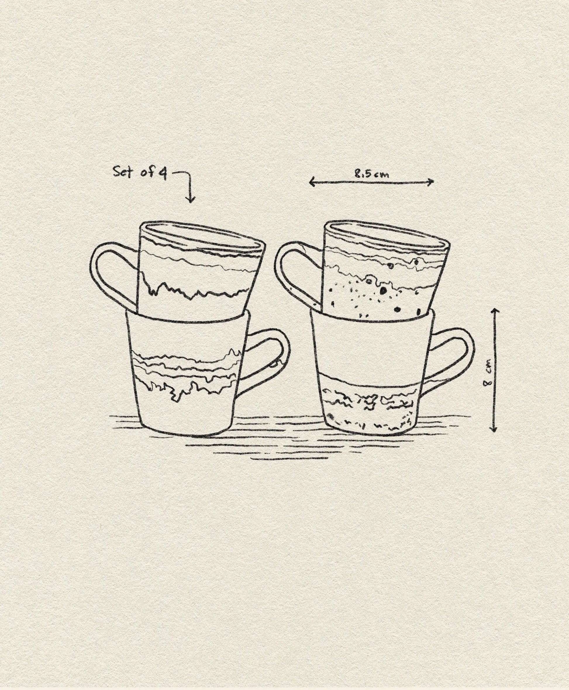 Line drawing of four stacked HKLIVING 70s Ceramics: Americano Mugs, Set of 4, with patterns. "Set of 4" labeled. Horizontal arrow shows 8.5 cm width; vertical arrow shows 8.5 cm height. Background evokes classic hand-glazed stoneware style.