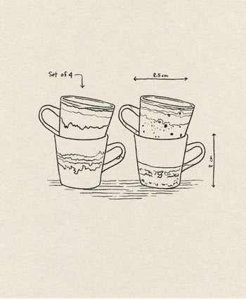 Line drawing of four stacked HKLIVING 70s Ceramics: Americano Mugs, Set of 4, with patterns. "Set of 4" labeled. Horizontal arrow shows 8.5 cm width; vertical arrow shows 8.5 cm height. Background evokes classic hand-glazed stoneware style.