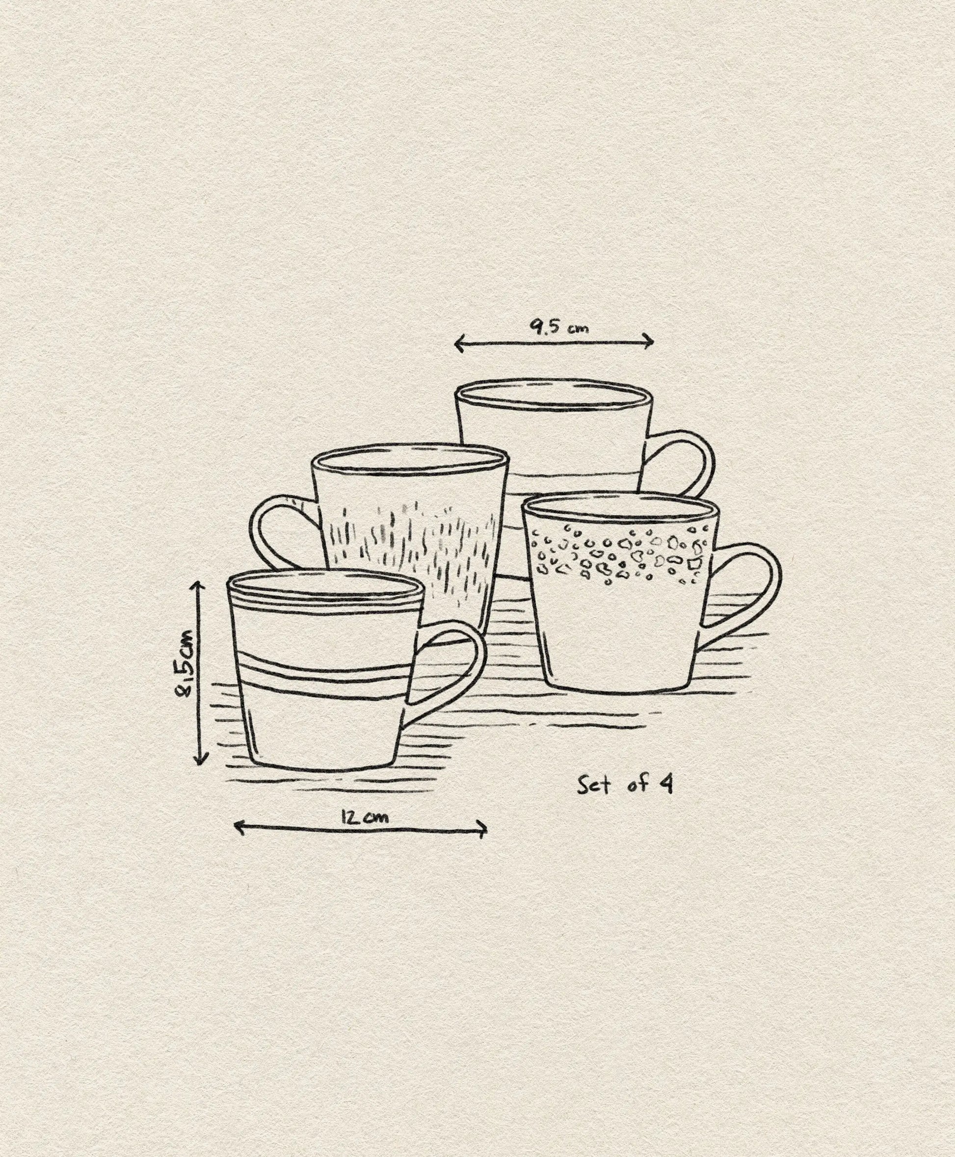 A sketch of HKLIVING 70s Ceramics Cappuccino Mugs, Set of 4, each with unique hand-glazed patterns. Dimensions: 8.5 cm tall, 12 cm wide. Brand: HKLIVING.