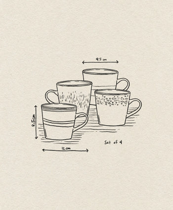 A sketch of HKLIVING 70s Ceramics Cappuccino Mugs, Set of 4, each with unique hand-glazed patterns. Dimensions: 8.5 cm tall, 12 cm wide. Brand: HKLIVING.