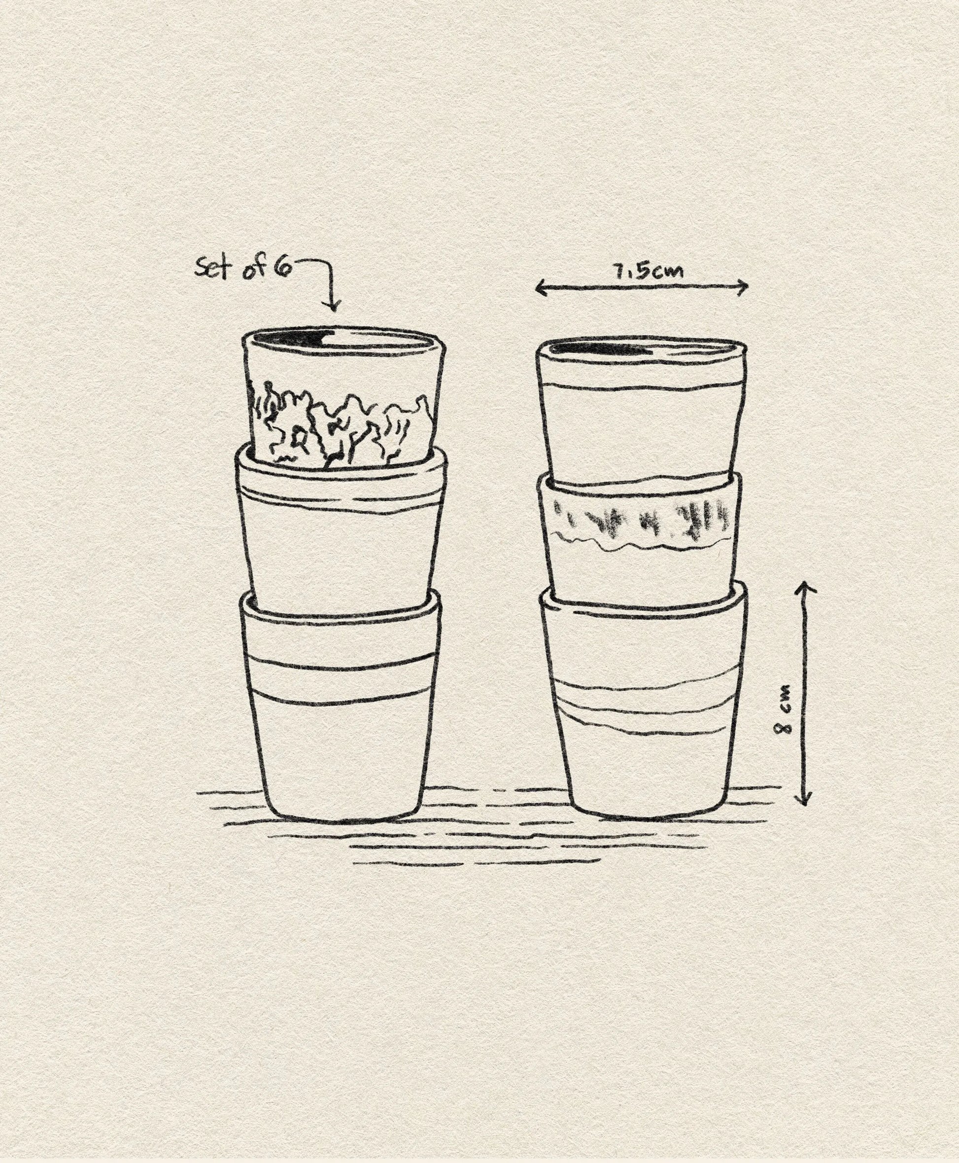A black and white sketch depicts the HKLIVING 70s Ceramics: Coffee Mugs, Set of 6, featuring retro-inspired designs by HKLIVING with decorative patterns reminiscent of handcrafted glazing.