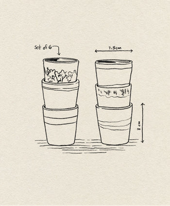 A black and white sketch depicts the HKLIVING 70s Ceramics: Coffee Mugs, Set of 6, featuring retro-inspired designs by HKLIVING with decorative patterns reminiscent of handcrafted glazing.