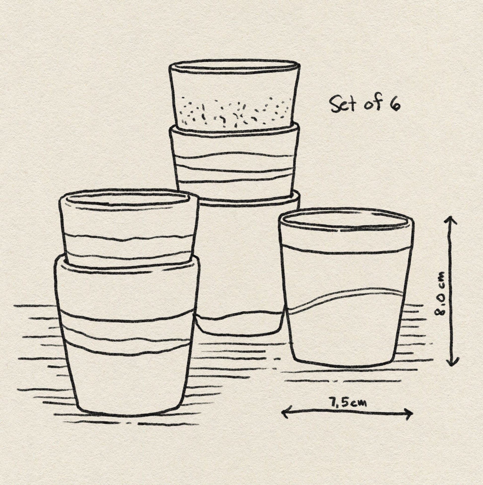 Line drawing of six HKLIVING 70s Ceramics Coffee Mugs, Set of 6. Each mug measures 8.0 cm high and 7.5 cm diameter. Background features a textured, paper-like look inspired by vintage 70s ceramics.