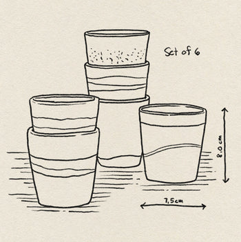 Line drawing of six HKLIVING 70s Ceramics Coffee Mugs, Set of 6. Each mug measures 8.0 cm high and 7.5 cm diameter. Background features a textured, paper-like look inspired by vintage 70s ceramics.