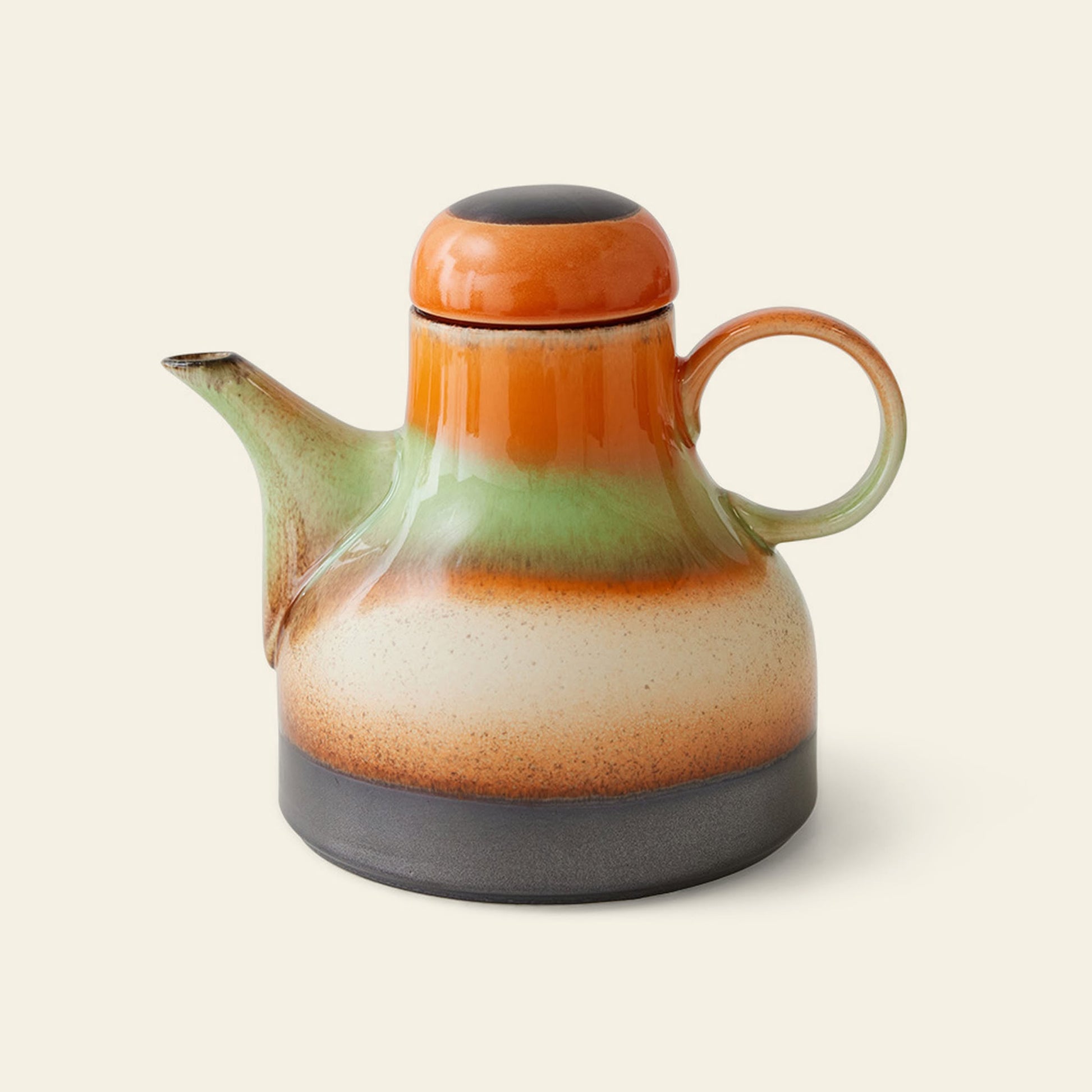 The HKLIVING 70s Ceramics Coffee Pot - Morning features a rounded ceramic design with a large handle, short spout, and lid. Its retro look showcases orange, green, cream & brown horizontal bands on a light background, inspired by the 70s.