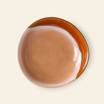 The HKliving 70s Ceramics Curry Bowls, Set of 2, feature a glossy gradient design in warm brown, beige, and white with uneven organic edges, inspired by vintage ceramics. Shown against a plain light background.