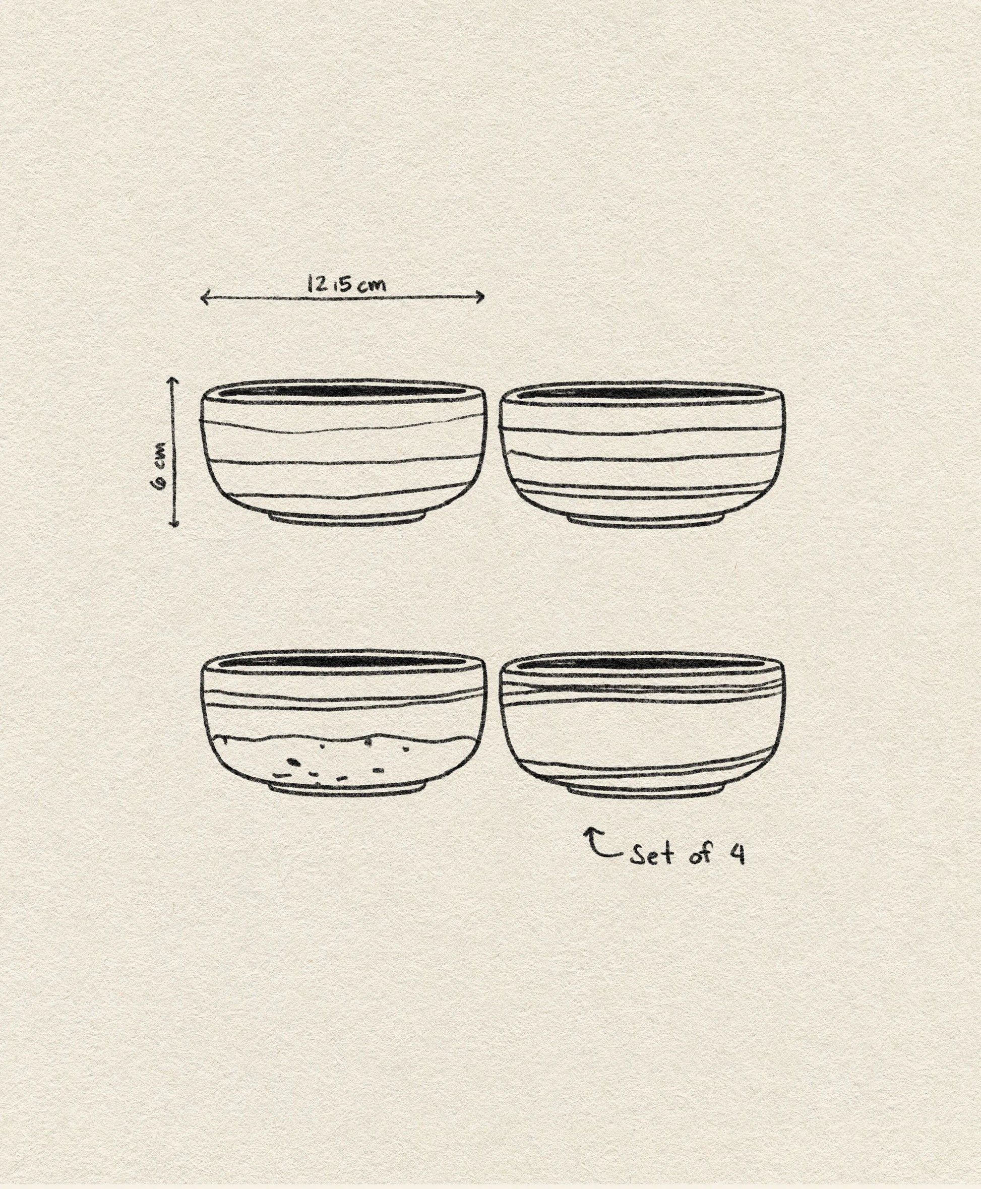 The HKLIVING 70s Ceramics Dessert Bowls, Set of 4, features hand-drawn illustrations and subtle stripes inspired by retro 70s design. Each HKLIVING bowl measures 12.5 cm in diameter and 6 cm in height.