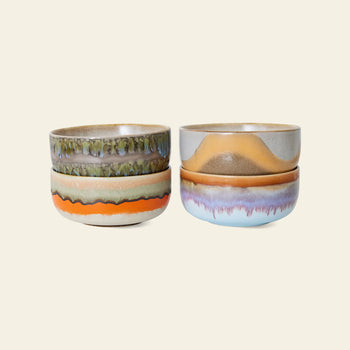 The HKLIVING 70s Ceramics Dessert Bowls (Set of 4) showcase vibrant, retro-inspired glazed patterns in earthy orange, green, blue, and purple tones—perfect for adding a touch of vintage charm to any table.