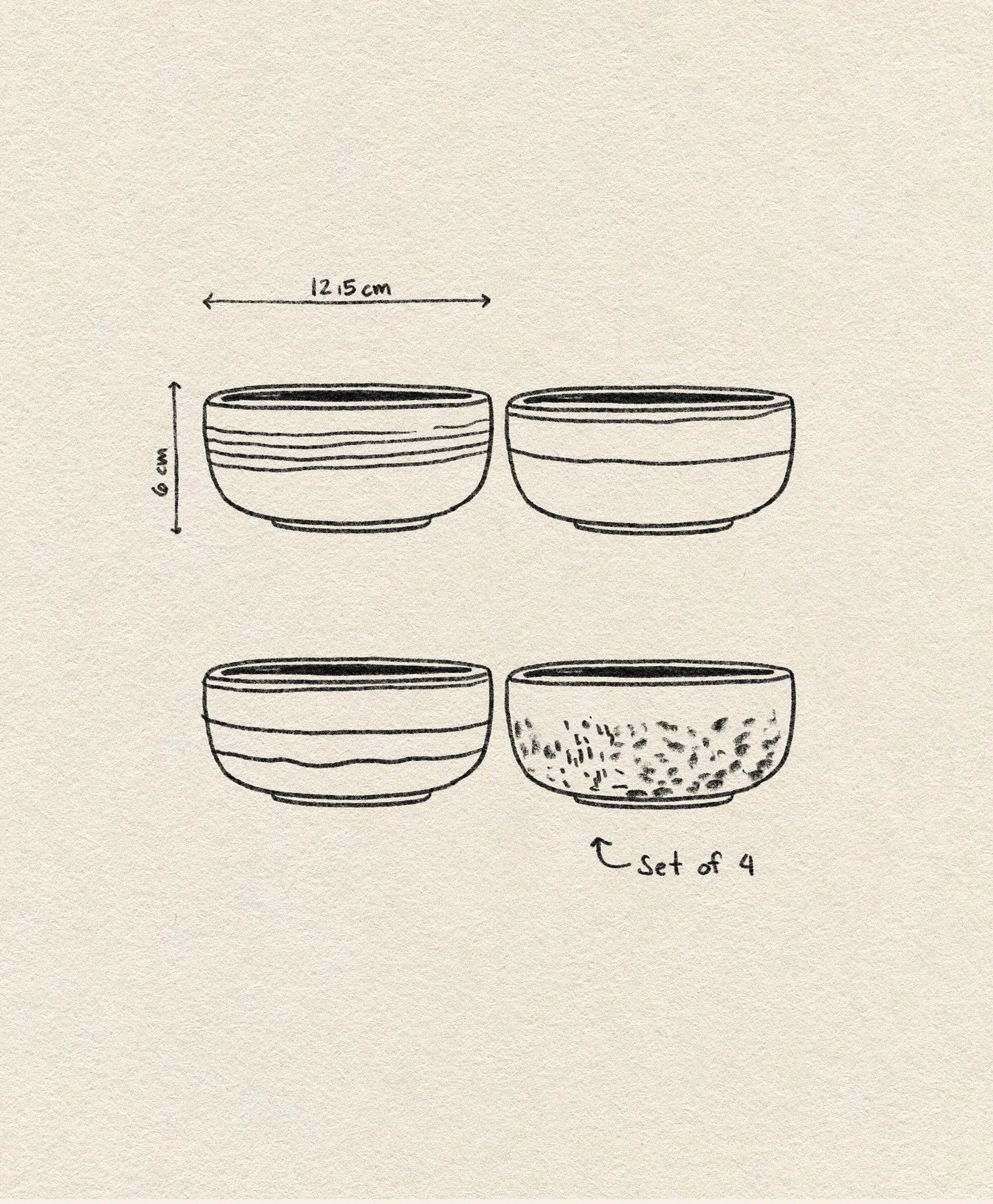 A sketch of the HKLIVING 70s Ceramics Dessert Bowls, Set of 4—each 12.5 cm wide and 6 cm tall—with retro patterns, shown on a textured cream background evoking classic '70s ceramics.
