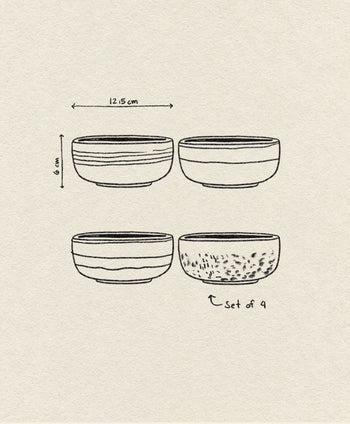 A sketch of the HKLIVING 70s Ceramics Dessert Bowls, Set of 4—each 12.5 cm wide and 6 cm tall—with retro patterns, shown on a textured cream background evoking classic '70s ceramics.