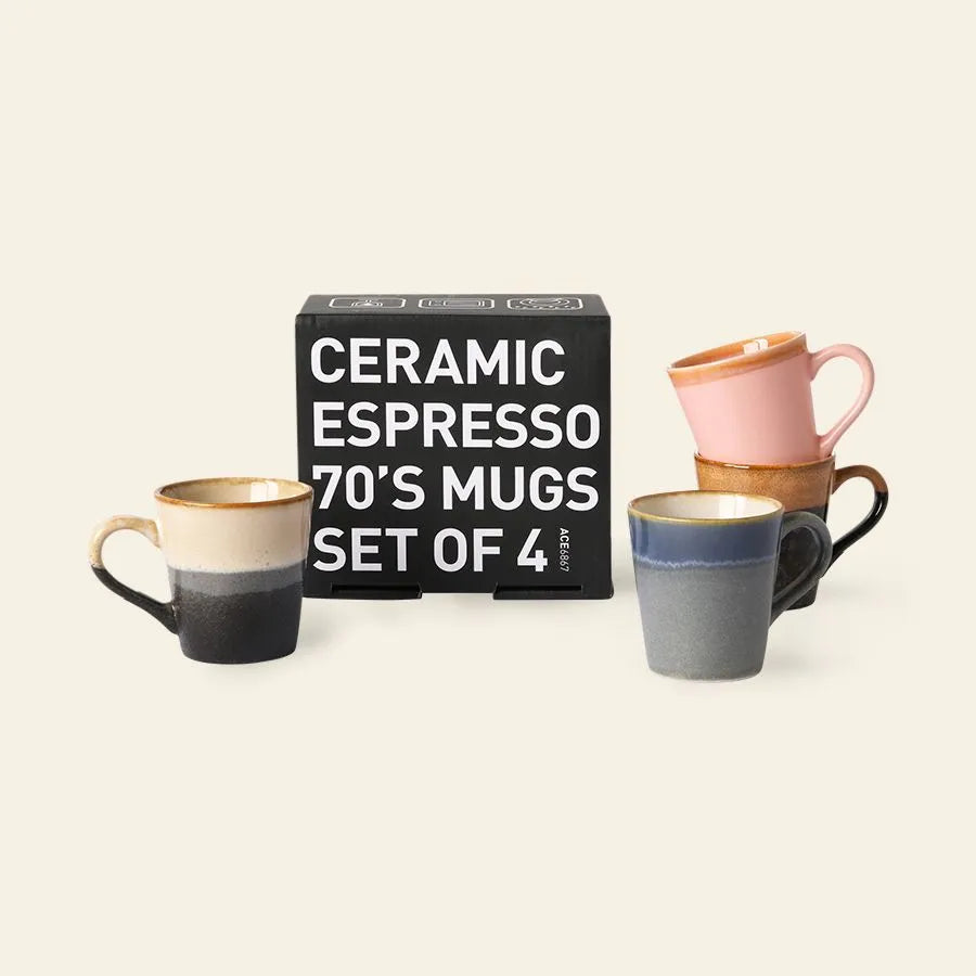 Four HKLIVING 70s Ceramics Espresso Mugs in assorted colors are arranged around a box labeled "HKLIVING 70s Ceramics: Espresso Mugs, Set of 4" on a light background.