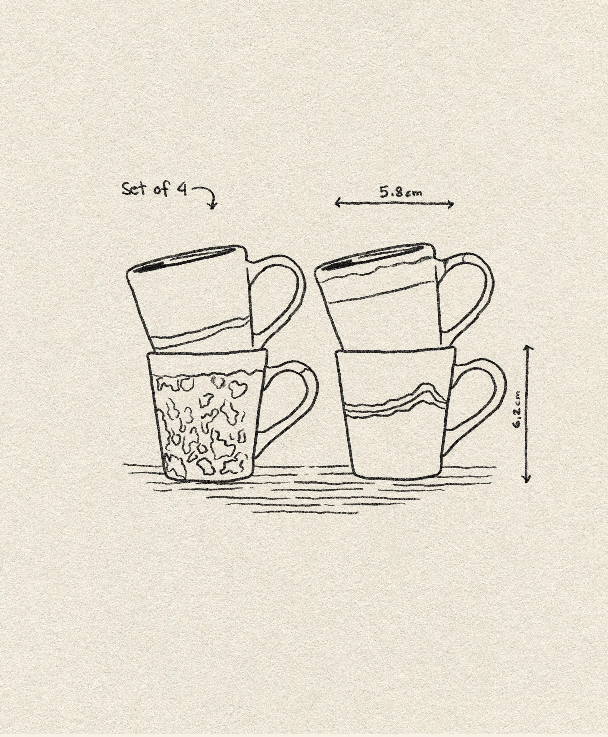 A line drawing of four HKLIVING 70s Ceramics espresso mugs, set of 4, shows their height (6.2 cm) and top diameter (5.8 cm). Two mugs feature patterns.