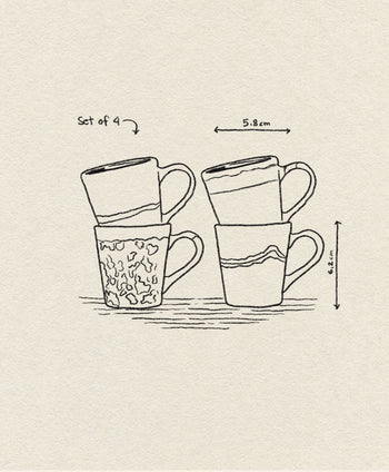 A line drawing of four HKLIVING 70s Ceramics espresso mugs, set of 4, shows their height (6.2 cm) and top diameter (5.8 cm). Two mugs feature patterns.