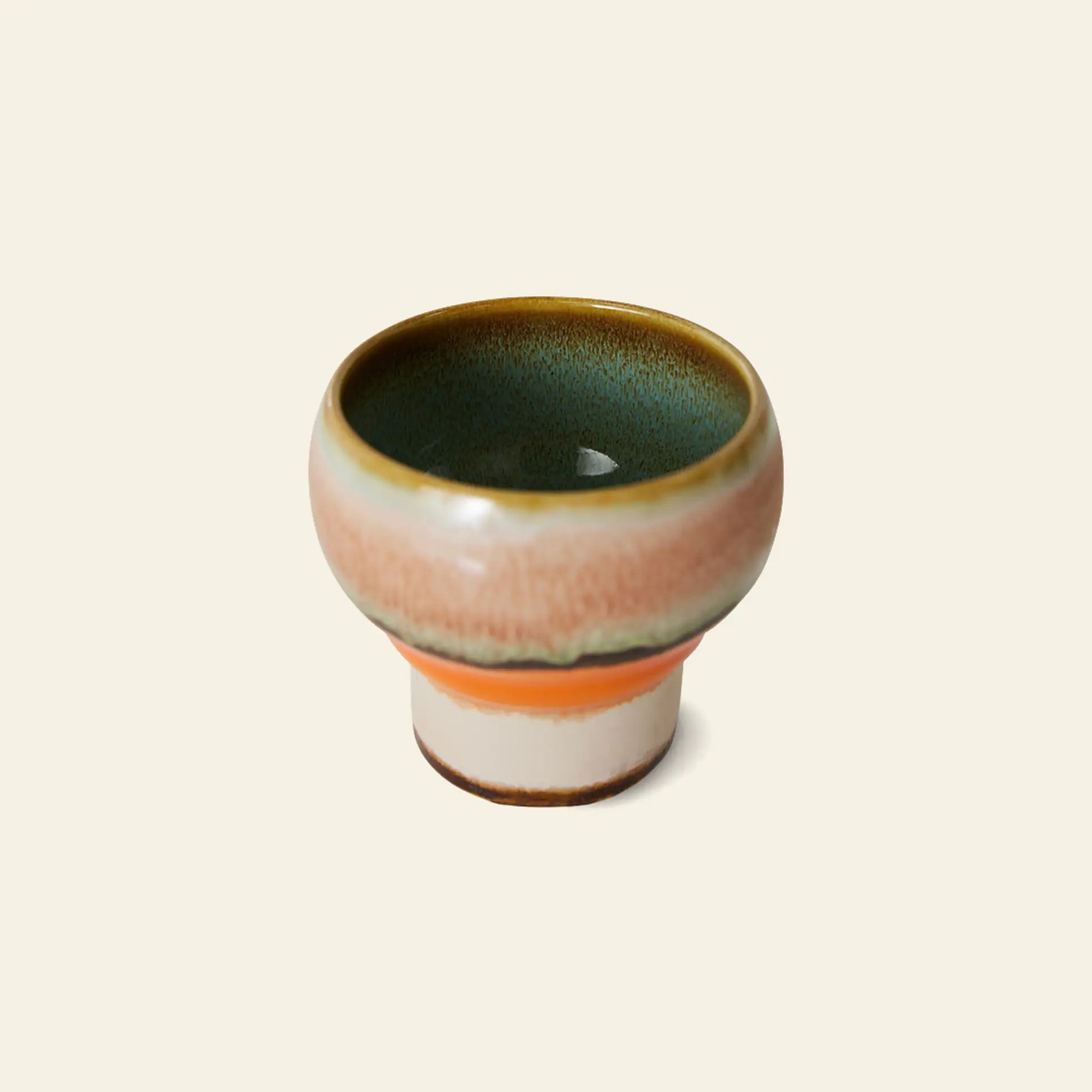 The HKLIVING 70s Ceramics: Lungo Mugs, Set of 2 features earthy green, brown, and orange tones in a glossy ceramic finish—ideal for lovers of vintage style—shown here against a plain beige background.