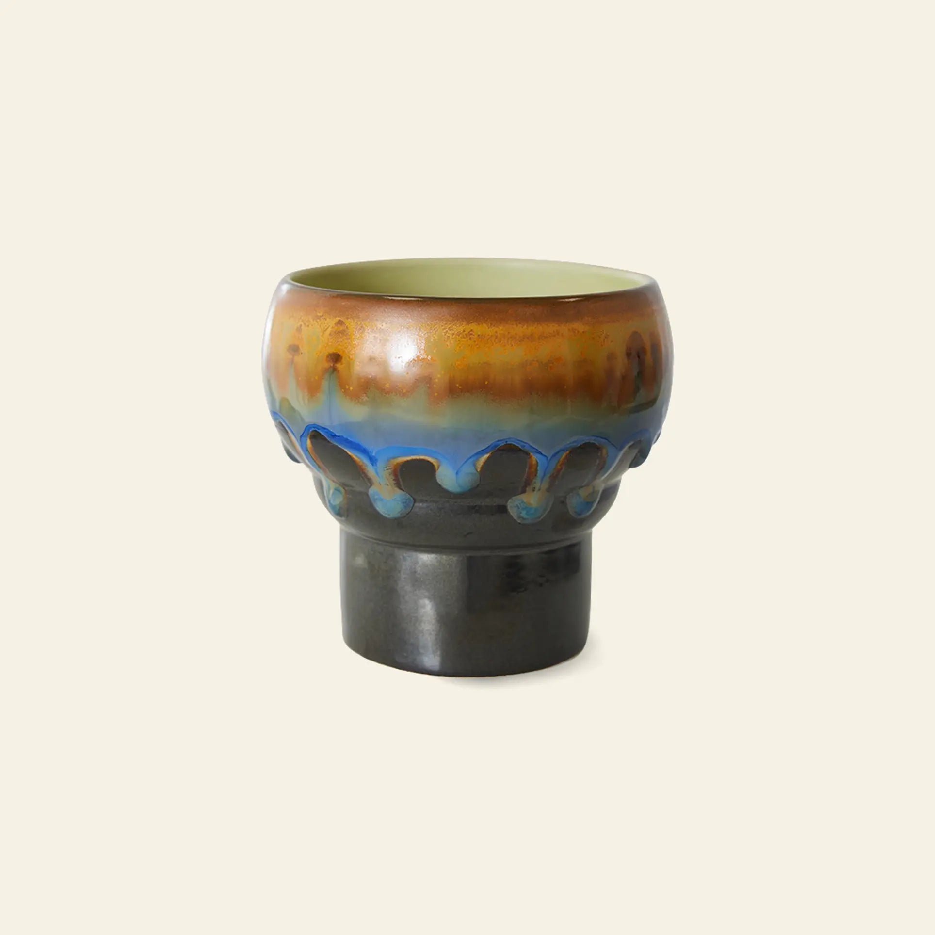 The HKLIVING 70s Ceramics: Lungo Mugs, Set of 2 features wide, round tops and narrow bases with a glossy gradient glaze in brown, blue, and dark green tones plus decorative drips, inspired by vintage 70s ceramic style.