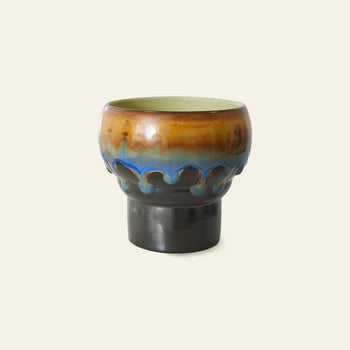 The HKLIVING 70s Ceramics: Lungo Mugs, Set of 2 features wide, round tops and narrow bases with a glossy gradient glaze in brown, blue, and dark green tones plus decorative drips, inspired by vintage 70s ceramic style.