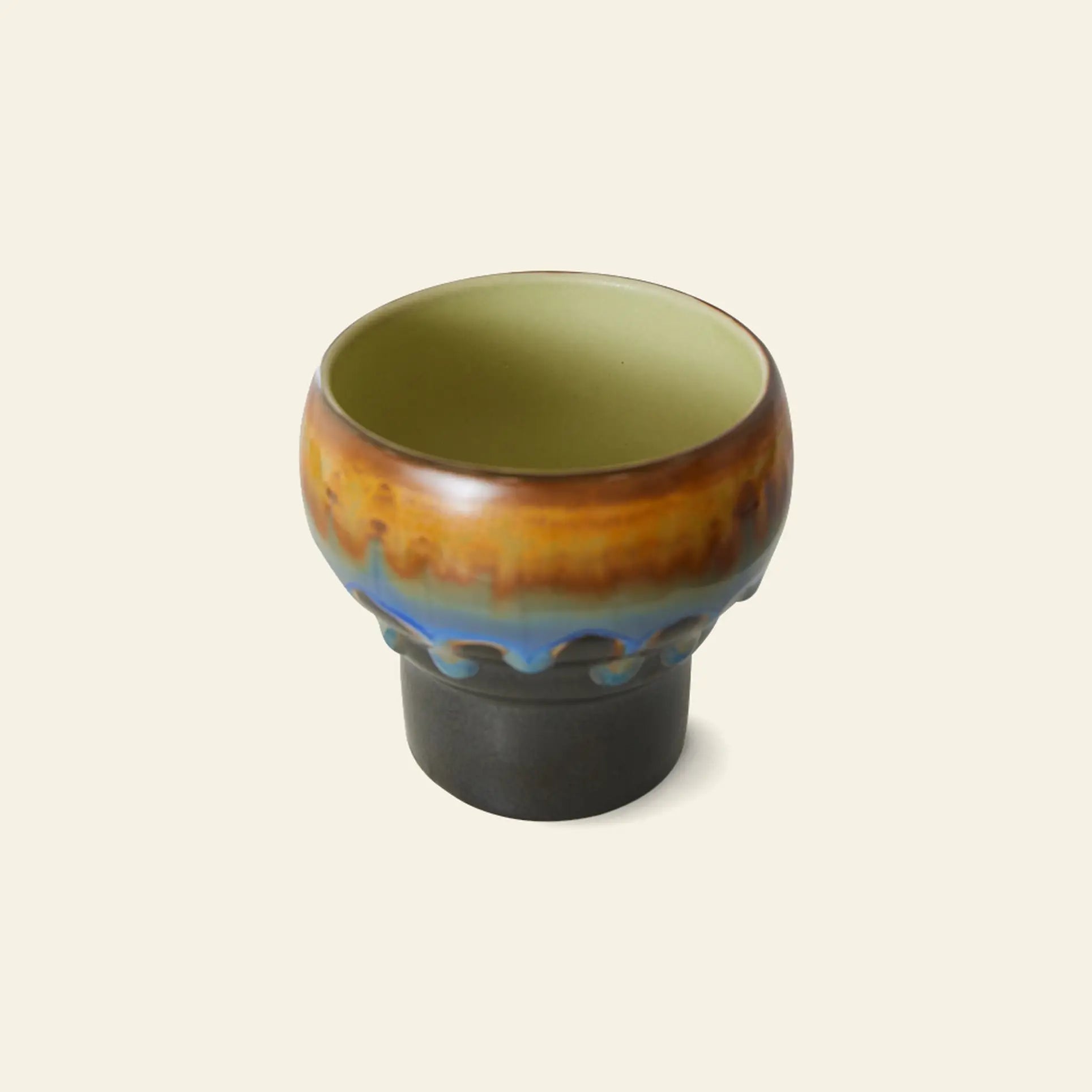 The HKLIVING 70s Ceramics: Lungo Mugs, Set of 2 features round ceramic cups with glossy brown and blue glaze on top, matte dark bases, and retro charm—perfect for vintage coffee mug enthusiasts.