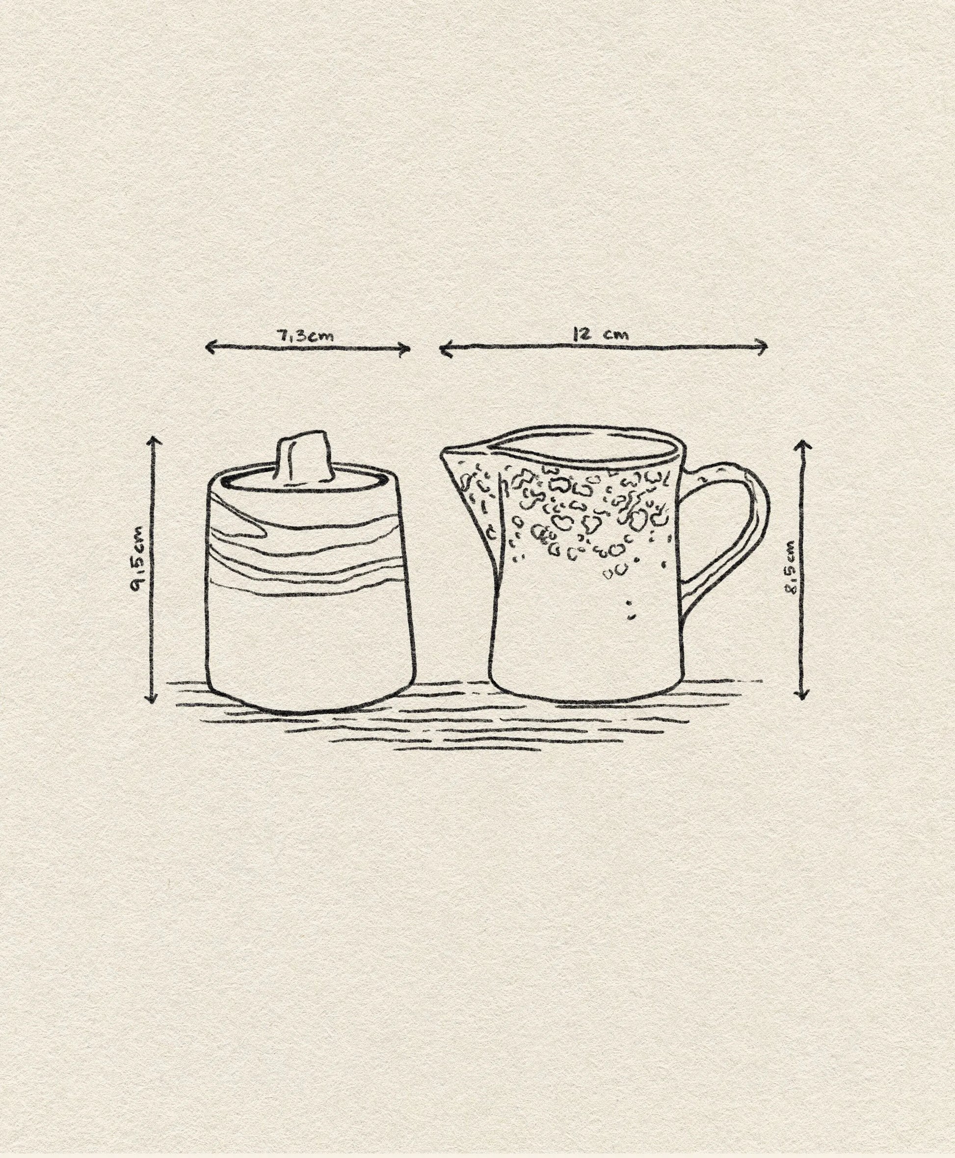HKLIVING 70s Ceramics Milk Jug & Sugar Pot line drawing by HKLIVING. Sugar pot: 9.5cm tall, 7.3cm wide; jug: 8.5cm tall, 12cm wide. Black ink on textured beige paper.