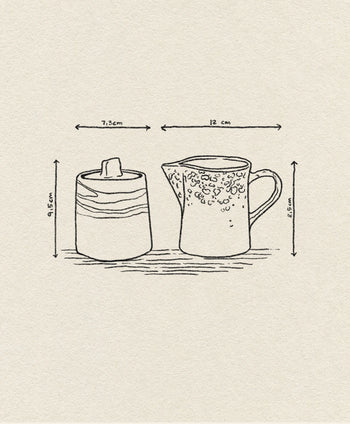 HKLIVING 70s Ceramics Milk Jug & Sugar Pot line drawing by HKLIVING. Sugar pot: 9.5cm tall, 7.3cm wide; jug: 8.5cm tall, 12cm wide. Black ink on textured beige paper.