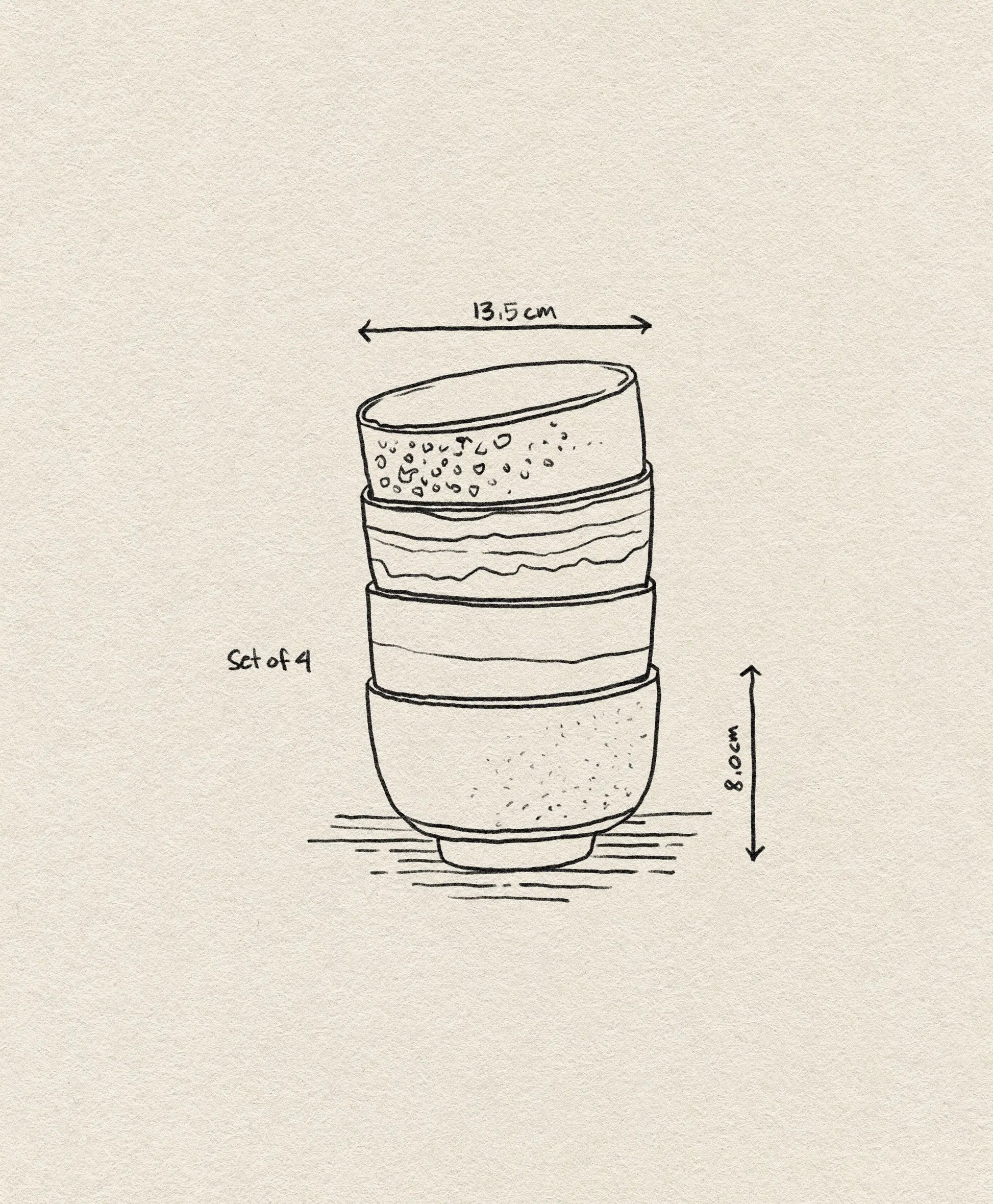 Line drawing of HKLIVING 70s Ceramics: Noodle Bowls, Set of 4, showing stacked bowls with varied patterns. Arrows indicate the height (8 cm) and diameter (13.5 cm). “Set of 4” appears on a textured beige background.