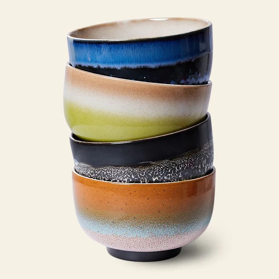 HKLIVING 70s Ceramics: Noodle Bowls, Set of 4—stacked stoneware bowls in blue, green, brown, black, and orange gradients—capture vintage 70s style and unique textures against a simple beige background.