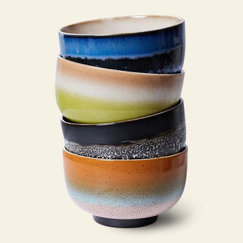 HKLIVING 70s Ceramics: Noodle Bowls, Set of 4—stacked stoneware bowls in blue, green, brown, black, and orange gradients—capture vintage 70s style and unique textures against a simple beige background.
