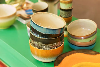 The HKLIVING 70s Ceramics: Noodle Bowls, Set of 4, features colorful stoneware bowls with unique patterns, capturing retro charm and vintage appeal from the iconic HKLIVING brand.