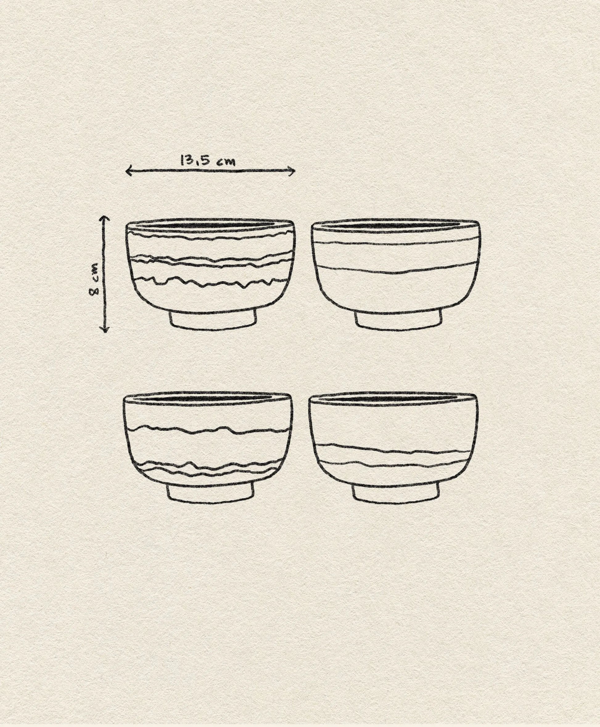 HKLIVING 70s Ceramics: Noodle Bowls, Set of 4—round stoneware bowls with wavy designs, each 13.5 cm wide and 8 cm tall, shown on a light beige background for a retro vibe.