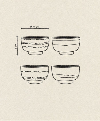 HKLIVING 70s Ceramics: Noodle Bowls, Set of 4—round stoneware bowls with wavy designs, each 13.5 cm wide and 8 cm tall, shown on a light beige background for a retro vibe.