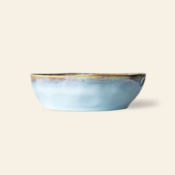 The HKliving 70s Ceramics Pasta Bowls, Set of 2, feature a light blue glaze and brown rim—ideal for adding elegance to any table setting.