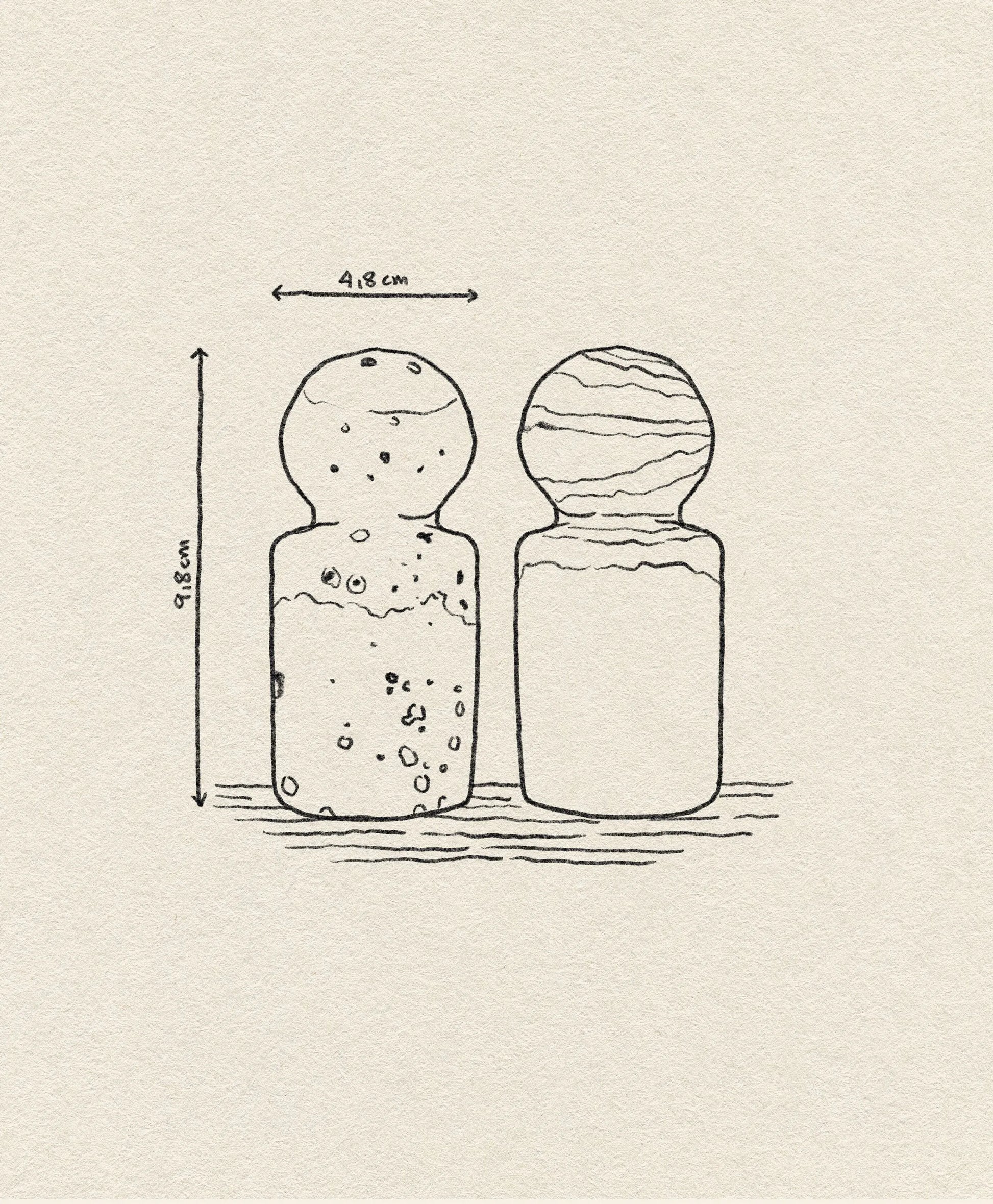 Line drawing of HKLIVING 70s Ceramics: Pepper & Salt Jar, showing two textured round-topped jars, each 9.8 cm tall and 4.8 cm wide with measurement arrows above and beside them. Brand: HKLIVING.