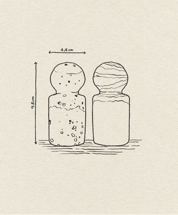 Line drawing of HKLIVING 70s Ceramics: Pepper & Salt Jar, showing two textured round-topped jars, each 9.8 cm tall and 4.8 cm wide with measurement arrows above and beside them. Brand: HKLIVING.