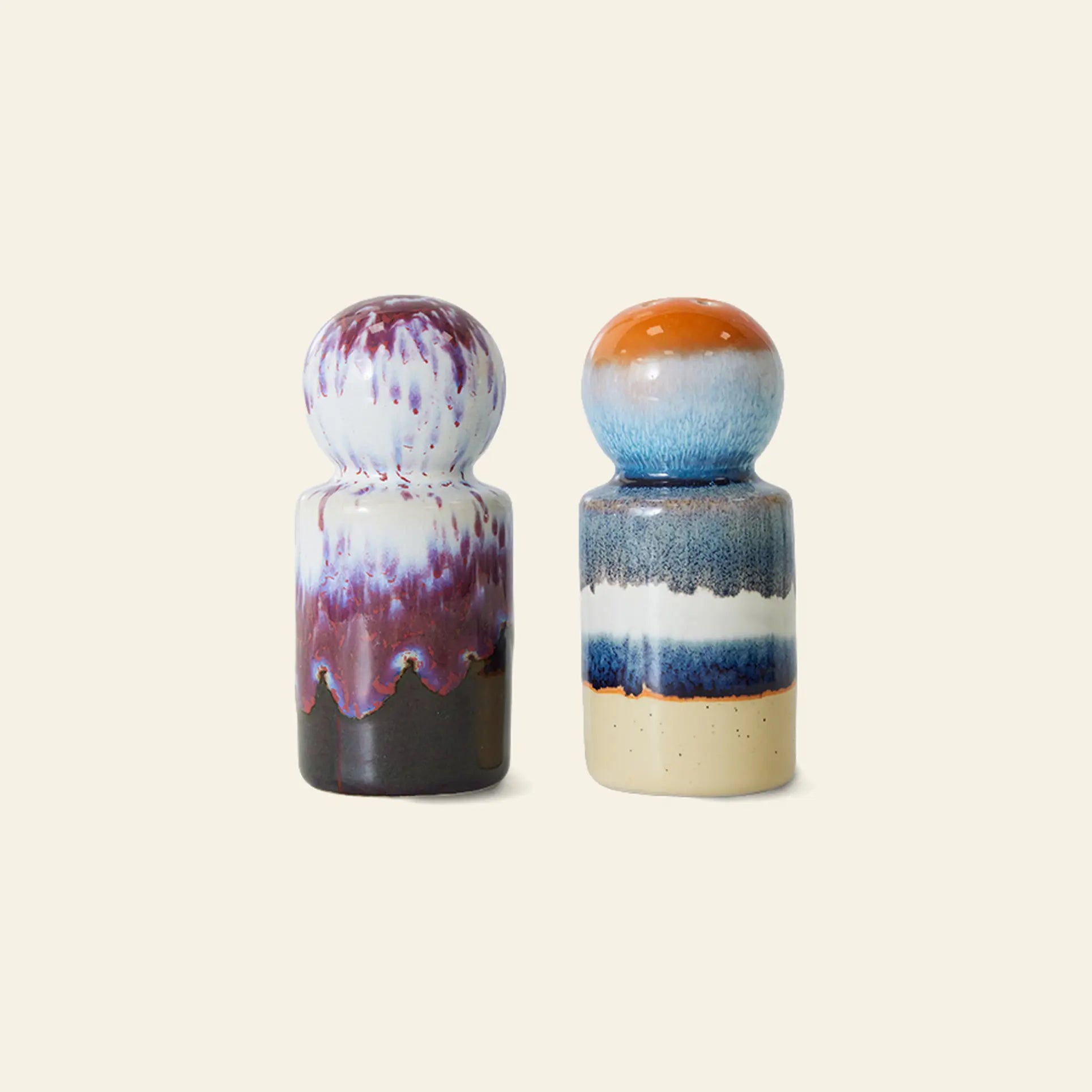 The HKLIVING 70s Ceramics Pepper & Salt Jars in Stargaze feature retro-inspired, multicolored glazes and rounded tops—perfect for fans of vintage kitchenware. Shown against a plain light background.