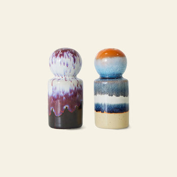 The HKLIVING 70s Ceramics Pepper & Salt Jars in Stargaze feature retro-inspired, multicolored glazes and rounded tops—perfect for fans of vintage kitchenware. Shown against a plain light background.